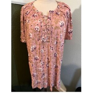 Chaps Plus XXl Pink Floral Gauze Lace Up Flutter Slv Tunic Boho Top Blouse NWT